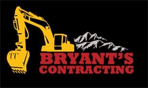 Heavy equipment silhouette with mountains and company name
