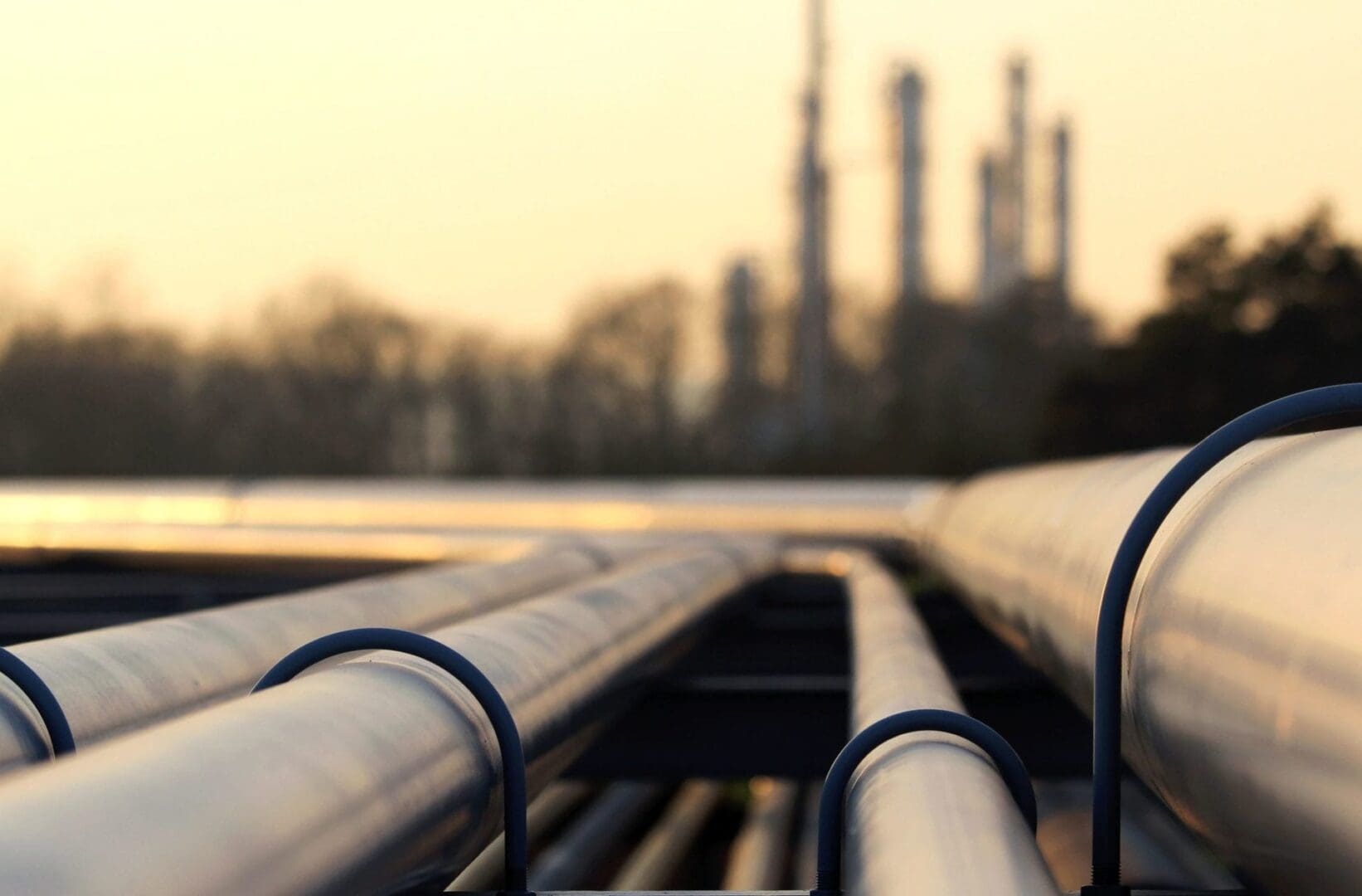 A close up of pipes in the foreground with oil refineries in the background.