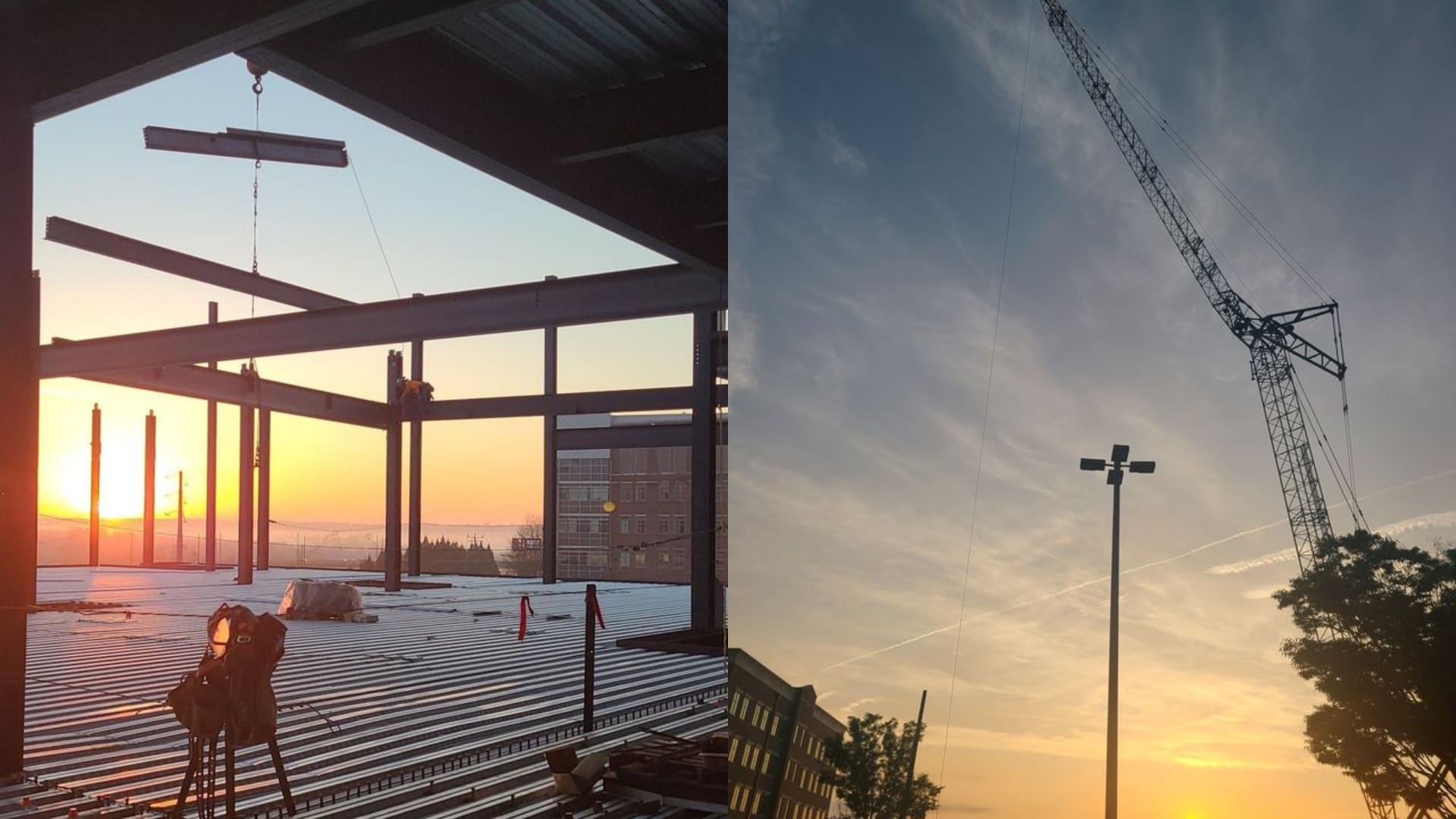 A split photo of the sun setting over a construction site.